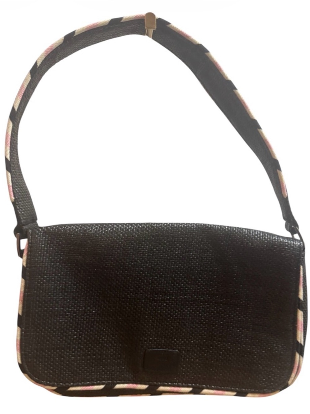 Lulu Guinness Black Woven Shoulder Bag with Pink Trim